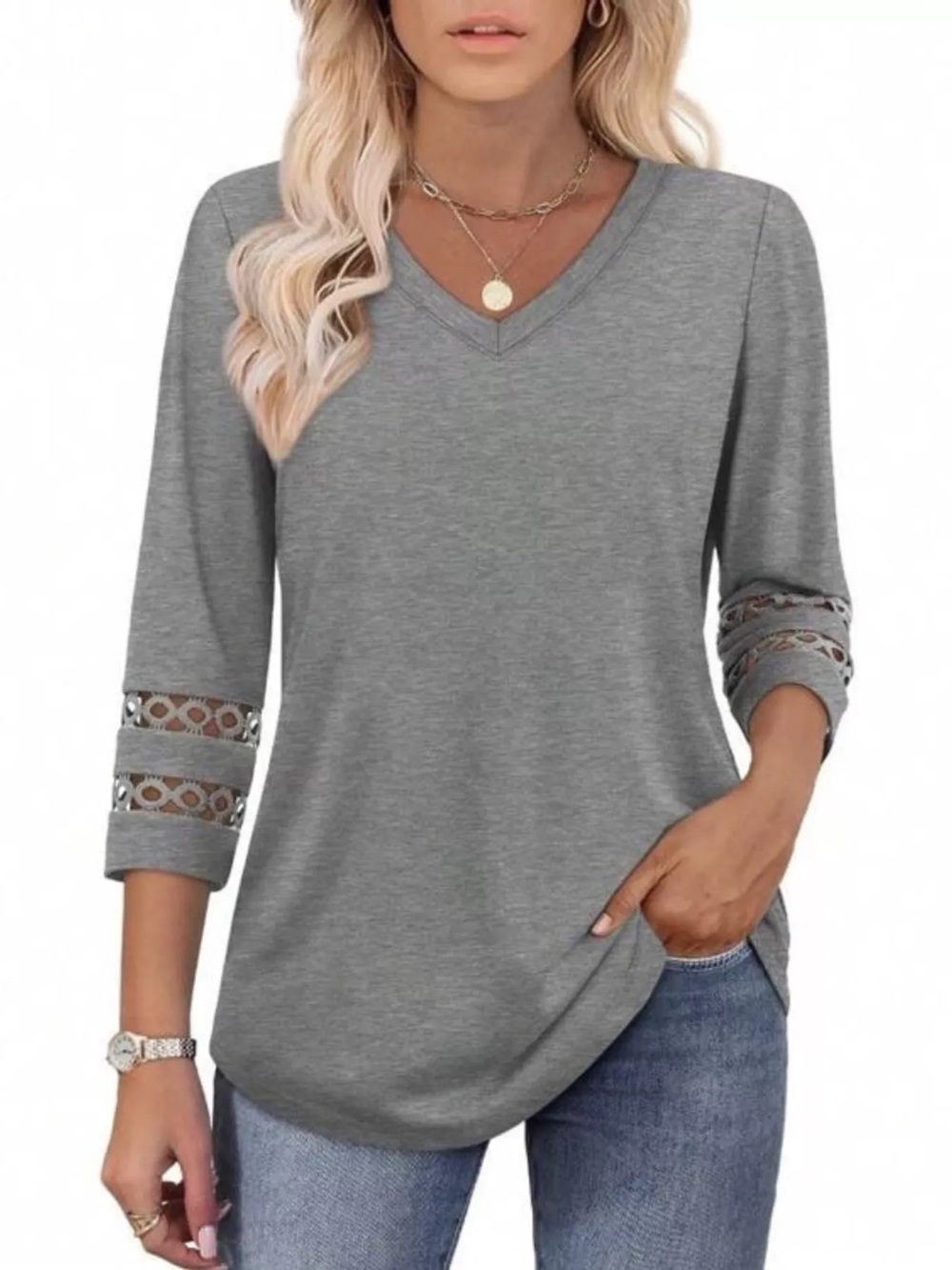 💥NWT💥 Women's Gray Crochet-Sleeve Knit Top